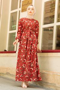 Modalamelif Soyut Desenli Kuşaklı Elbise Taba