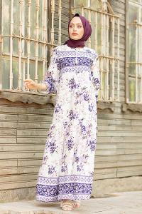 Modalamelif Yaka Bağlamalı Kilim Desen Elbise Mor