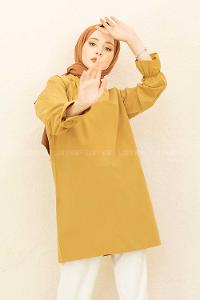 Modalamelif Kol Lastikli Hakim Yaka Tunik Yağ Yeşili