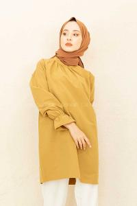 Modalamelif Kol Lastikli Hakim Yaka Tunik Yağ Yeşili