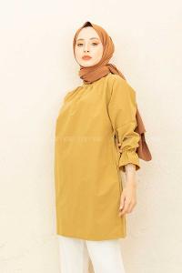 Modalamelif Kol Lastikli Hakim Yaka Tunik Yağ Yeşili