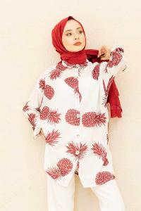 Modalamelif  Ananas Basklı Gömlek Ekru Bordo