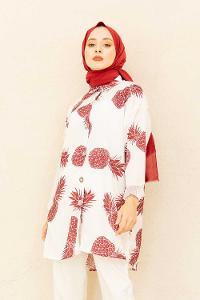 Modalamelif  Ananas Basklı Gömlek Ekru Bordo