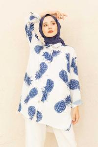 Modalamelif  Ananas Basklı Gömlek Saks Mavisi