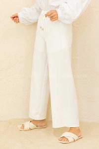 Modalamelif Bel Lastikli Ayrobin Pantolon Beyaz