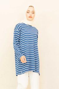 Modalamelif Çizgili Tunik İndigo