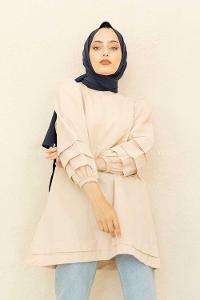 Modalamelif Karpuz Kol Etek Katlı Tunik Bej