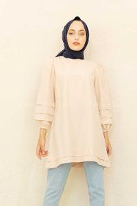 Modalamelif Karpuz Kol Etek Katlı Tunik Bej
