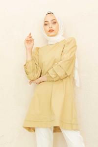 Modalamelif Karpuz Kol Etek Katlı Tunik Yağ Yeşili