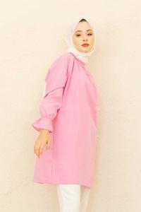 Modalamelif Kol Lastikli Hakim Yaka Tunik Pembe
