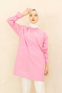 Modalamelif Kol Lastikli Hakim Yaka Tunik Pembe