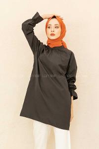 Modalamelif Kol Lastikli Hakim Yaka Tunik Siyah