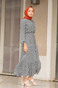 Modalamelif Mini Yaprak Desenli Elbise Siyah