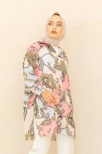 Modalamelif Şal Desen Gömlek Ekru Pembe