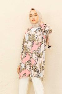 Modalamelif Şal Desen Gömlek Ekru Pembe