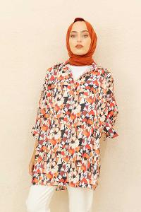 Modalamelif Soyut Desen Gömlek Bej Kırmızı