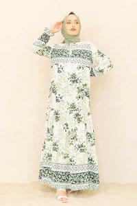 Modalamelif Yaka Bağlamalı Kilim Desen Elbise Yeşil