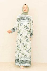 Modalamelif Yaka Bağlamalı Kilim Desen Elbise Yeşil