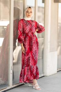 Modalamelif Bel Büzgülü Yaprak Desen Elbise  Bordo