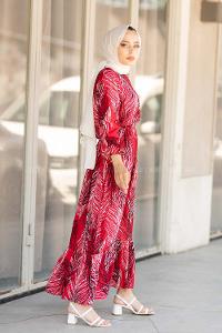 Modalamelif Bel Büzgülü Yaprak Desen Elbise  Bordo