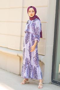 Modalamelif Bel Büzgülü Yaprak Desen Elbise Lila