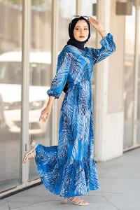 Modalamelif Bel Büzgülü Yaprak Desen Elbise Mavi