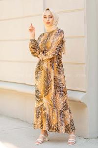 Modalamelif Bel Büzgülü Yaprak Desen Elbise Sütlü Kahve