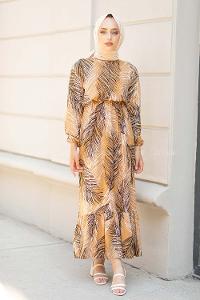 Modalamelif Bel Büzgülü Yaprak Desen Elbise Sütlü Kahve