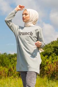 Modalamelif Brunch Yazı Baskılı Sweatshirt Gri Melanj