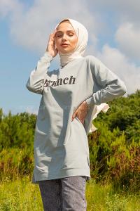 Modalamelif Brunch Yazı Baskılı Sweatshirt Gri Melanj
