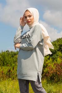 Modalamelif Brunch Yazı Baskılı Sweatshirt Gri Melanj