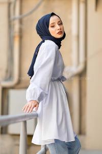 Modalamelif Dik Çizgi Etek Garnili  Tunik Mavi