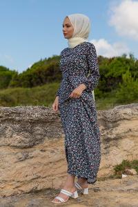 Modalamelif Mini Papatya Desenli Kuşaklı Elbise Pudra