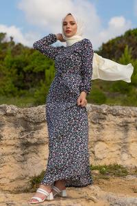 Modalamelif Mini Papatya Desenli Kuşaklı Elbise Pudra