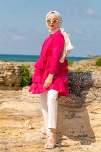 Modalamelif Önü Düğmeli Kat Kat Gömlek Fuşya