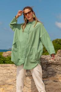 Modalamelif Önü Düğmeli Yan Cepli Gömlek Çağla Yeşili