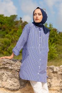 Modalamelif Tek Cepli Çizgili Gömlek Lacivert