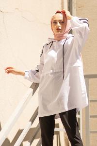 Modalamelif Yarım Fermuarlı Kapşonlu Tunik Beyaz