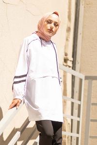 Modalamelif Yarım Fermuarlı Kapşonlu Tunik Beyaz