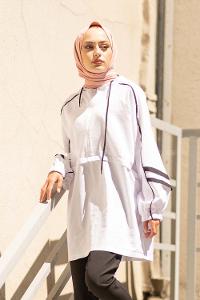 Modalamelif Yarım Fermuarlı Kapşonlu Tunik Beyaz
