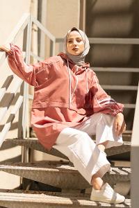 Modalamelif Yarım Fermuarlı Kapşonlu Tunik Gül