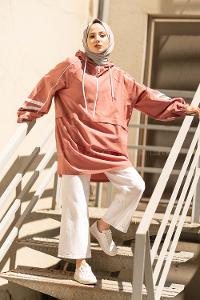 Modalamelif Yarım Fermuarlı Kapşonlu Tunik Gül