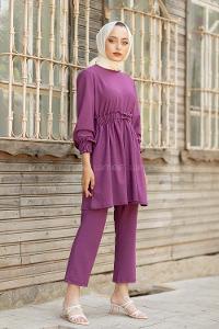Modalamelif Bel Büzmeli Şık Takım Koyu Mor
