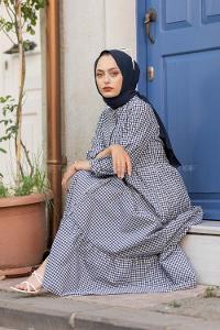 Modalamelif Eteği Fırfırlı Pötikare Elbise Lacivert