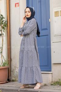 Modalamelif Eteği Fırfırlı Pötikare Elbise Lacivert