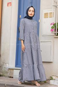 Modalamelif Eteği Fırfırlı Pötikare Elbise Lacivert