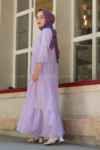 Modalamelif Eteği Fırfırlı Pötikare Elbise Lila