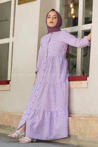 Modalamelif Eteği Fırfırlı Pötikare Elbise Lila