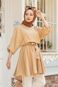 Modalamelif Kol Lastikli Kuşaklı Tunik Camel