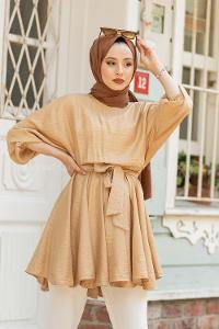 Modalamelif Kol Lastikli Kuşaklı Tunik Camel